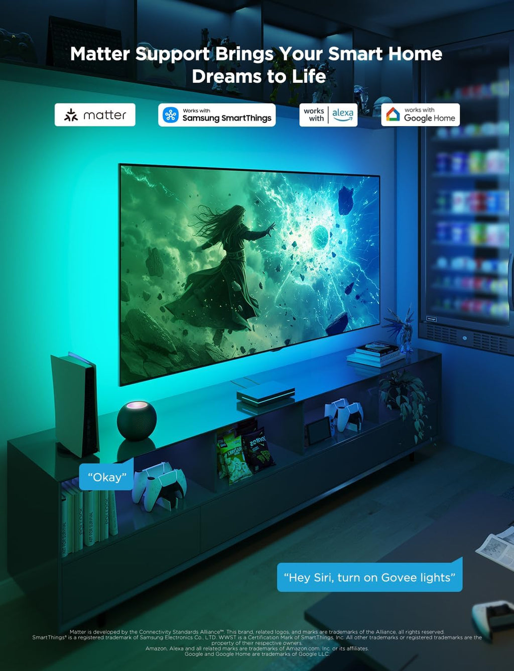 Govee HDMI 2.1 Sync Box Kit 2, AI Sync Box with TV Backlight,Supports 8K@60Hz, 4K@144Hz, VRR and ALLM, Works with Matter, RGBIC LED Strip for 55-65 inch TVs, 75 LEDs/m