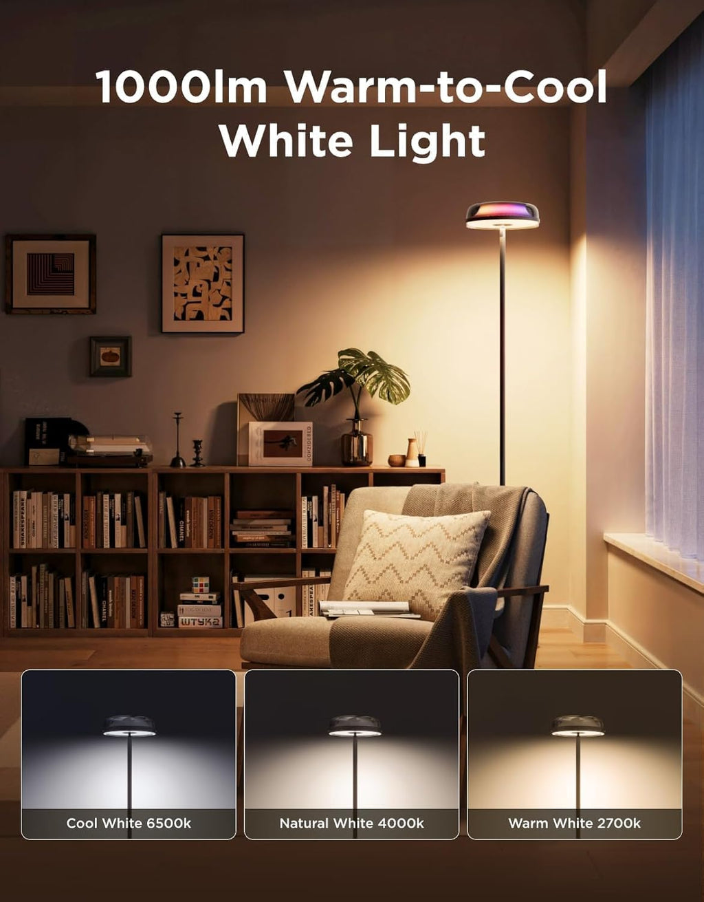 Govee Uplighter Floor Lamps Tri-Zone Independent, RGBIC Warm&Cold White Ripple Lighting Lamp Works with Matter and Alexa, 80+Scene Modes, 1000 LM, 2700-6500K, Ideal for Living Room, Bedroom, Office