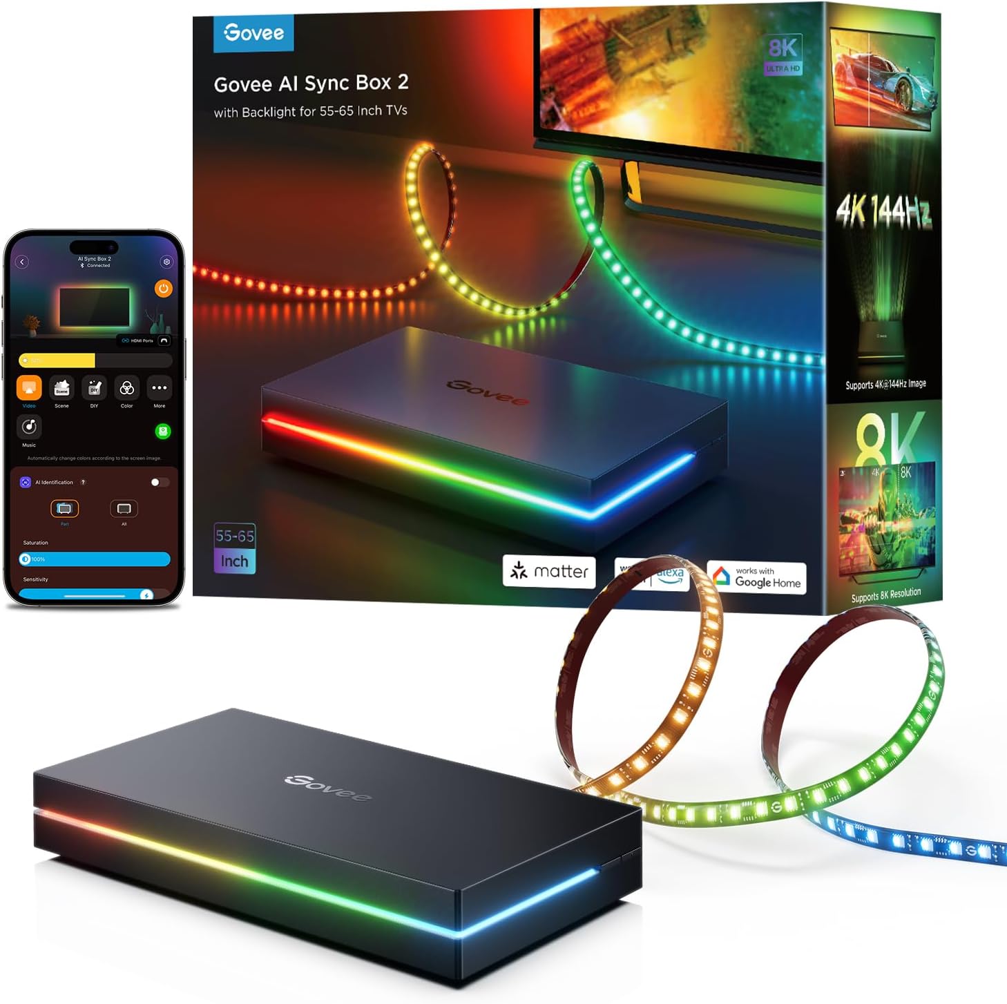 Govee HDMI 2.1 Sync Box Kit 2, AI Sync Box with TV Backlight,Supports 8K@60Hz, 4K@144Hz, VRR and ALLM, Works with Matter, RGBIC LED Strip for 55-65 inch TVs, 75 LEDs/m