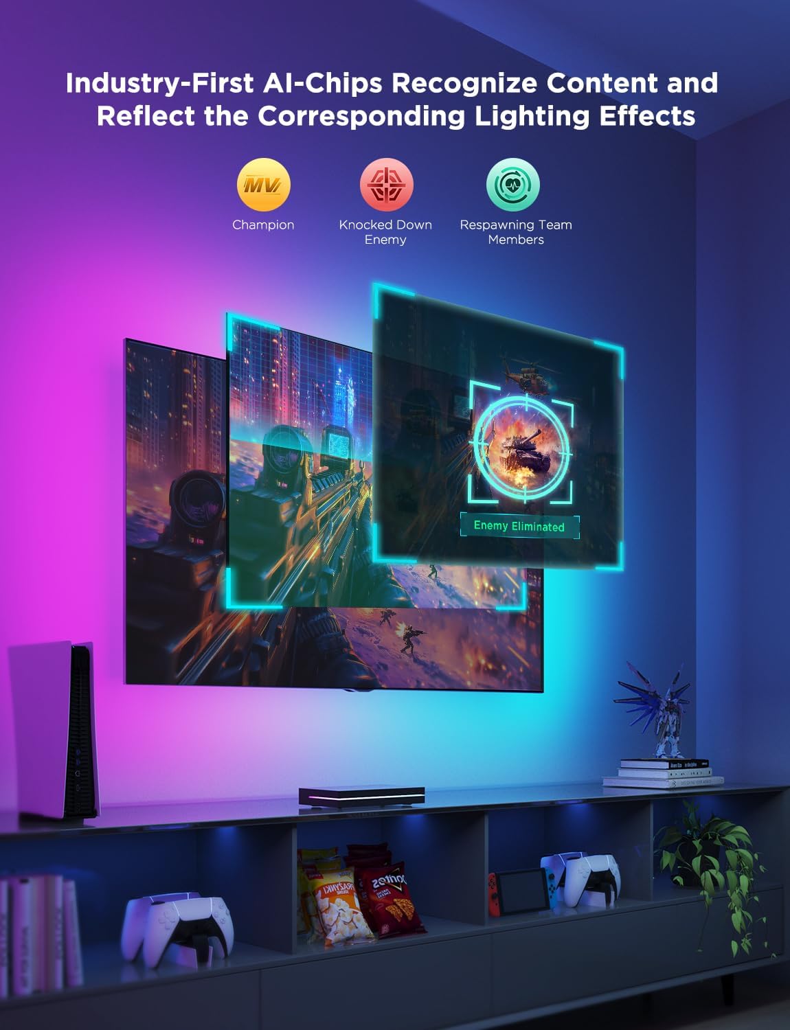 Govee HDMI 2.1 Sync Box Kit 2, AI Sync Box with TV Backlight,Supports 8K@60Hz, 4K@144Hz, VRR and ALLM, Works with Matter, RGBIC LED Strip for 55-65 inch TVs, 75 LEDs/m